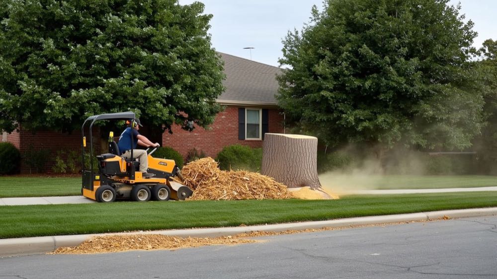 Stump grinder at work on a front lawn